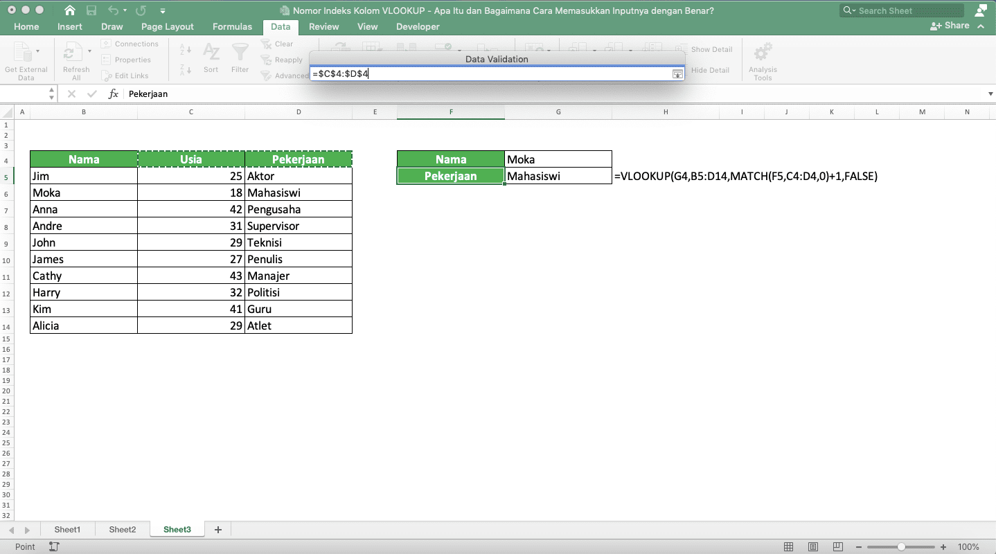 Nomor Indeks Kolom VLOOKUP: Apa Itu dan Bagaimana Cara Memasukkan Inputnya dengan Benar? - Screenshot Contoh Input Cell Range Header Kolom serta Lokasi Tombol di Boks Teksnya