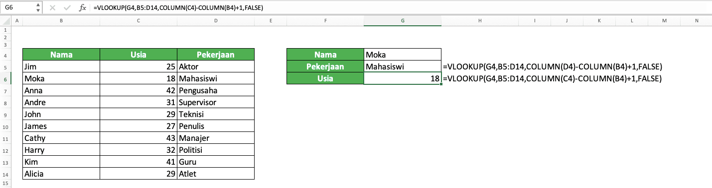 Nomor Indeks Kolom VLOOKUP: Apa Itu dan Bagaimana Cara Memasukkan Inputnya dengan Benar? - Screenshot Contoh Implementasi Penggabungan VLOOKUP dan COLUMN untuk menentukan nomor indeks kolom VLOOKUP secara lebih otomatis