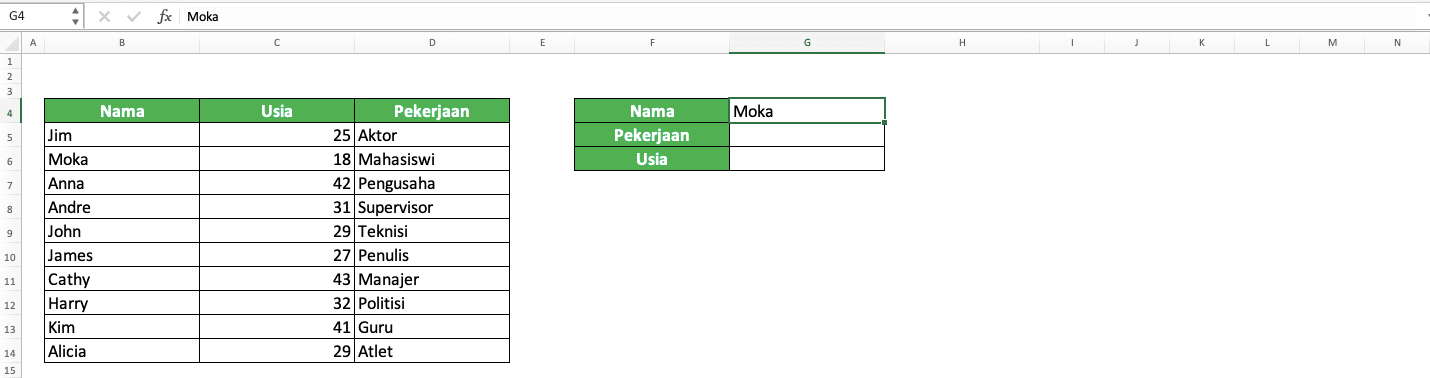 Nomor Indeks Kolom VLOOKUP: Apa Itu dan Bagaimana Cara Memasukkan Inputnya dengan Benar? - Screenshot Data untuk Contoh Penentuan Nomor Indeks Kolom VLOOKUP