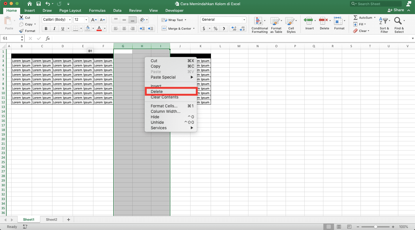 Cara Memindahkan Kolom di Excel - Screenshot Lokasi Pilihan Delete
