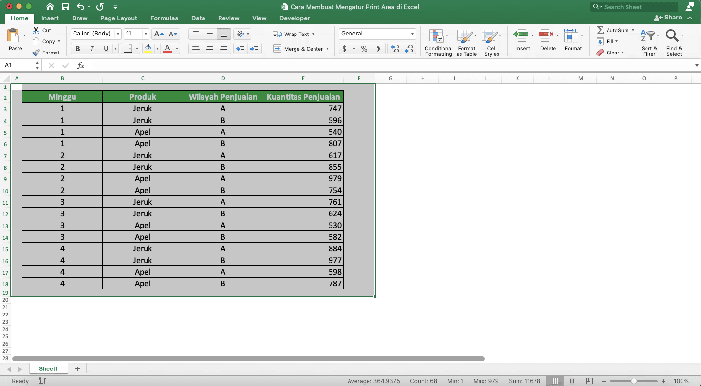 Cara Membuat/Mengatur Print Area di Excel - Screenshot Langkah 1