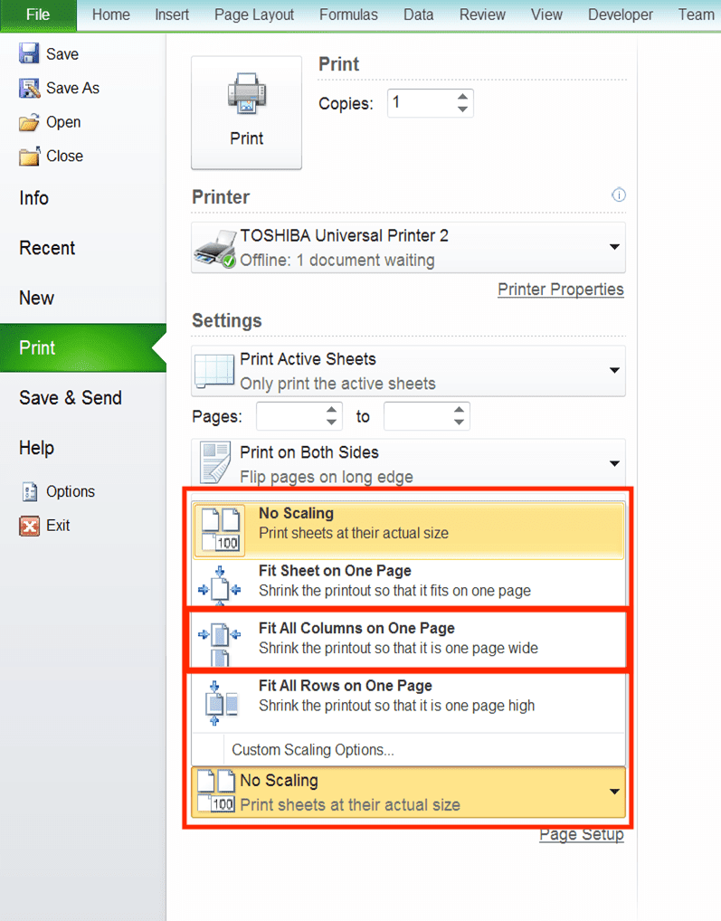 Cara Membuat/Mengatur Print Area di Excel - Screenshot Lokasi Pengaturan Skala (Scaling) Print dan Pilihan Fit All Columns on One Pagenya