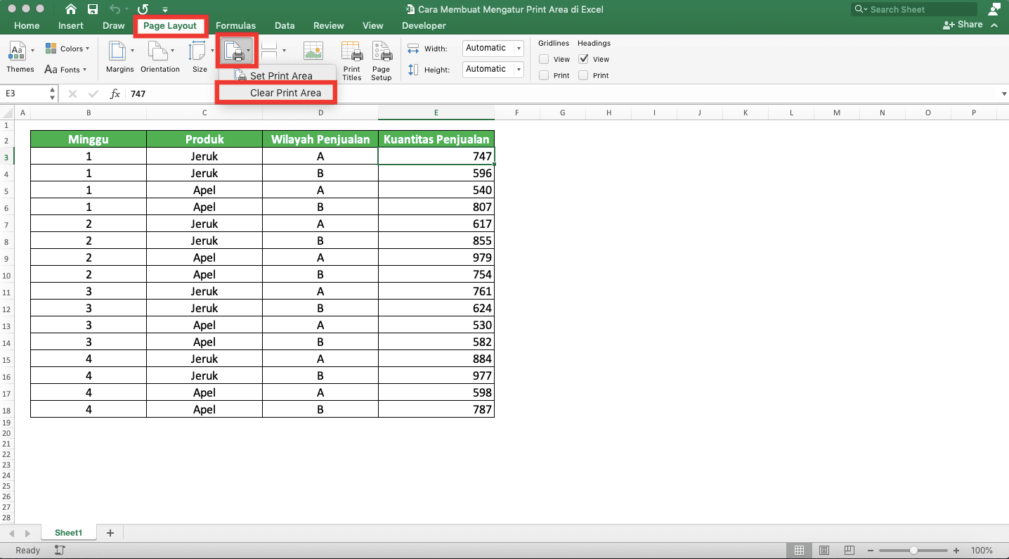 Cara Membuat/Mengatur Print Area di Excel - Screenshot Lokasi Tab Page Layout, Tombol Dropdown Print Area, dan Pilihan Print Area