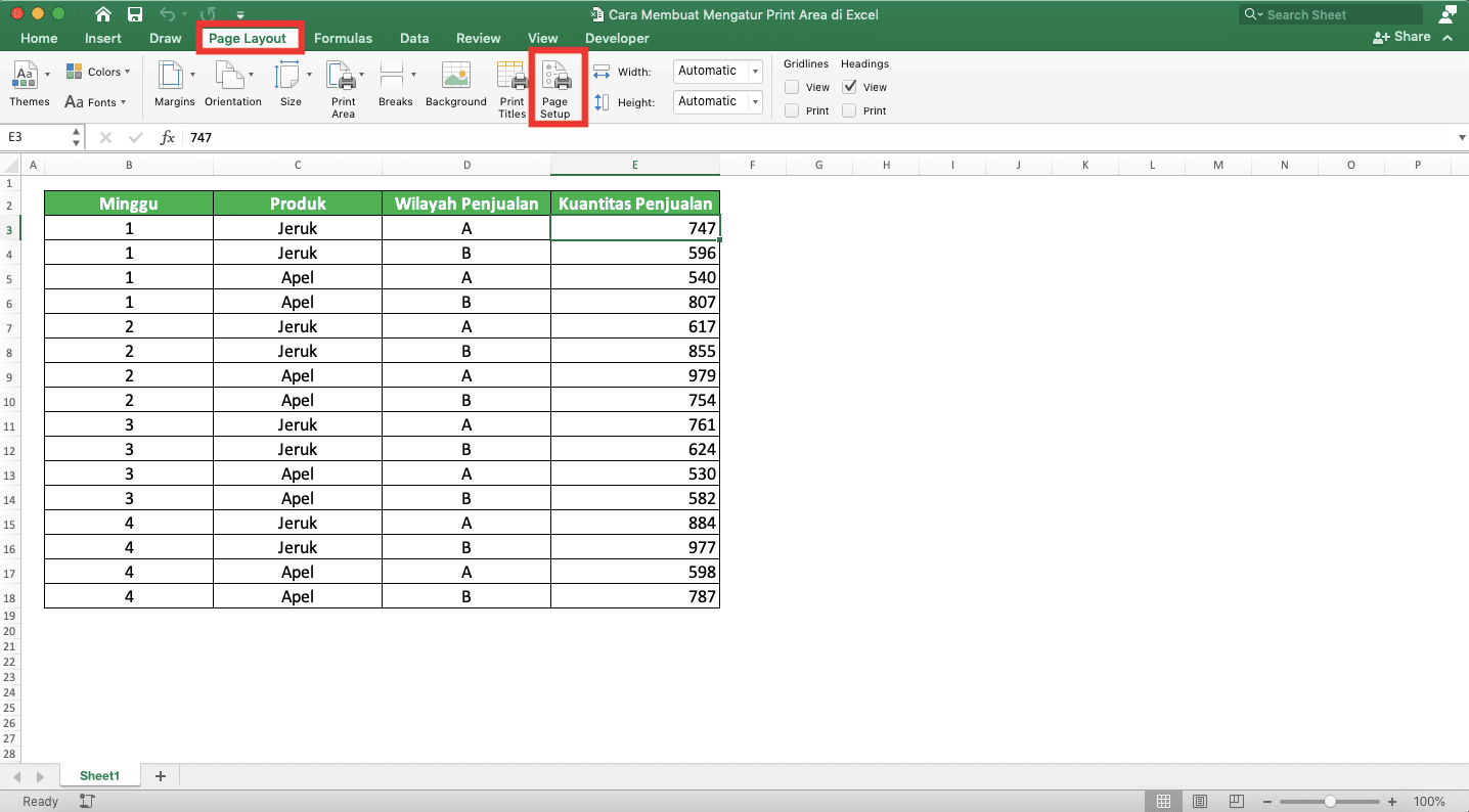 Cara Membuat/Mengatur Print Area di Excel - Screenshot Lokasi Tab Page Layout dan Tombol Page Setup
