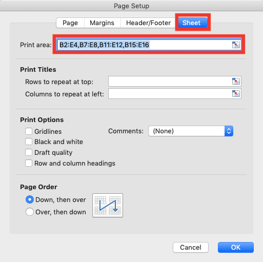 Cara Membuat/Mengatur Print Area di Excel - Screenshot Lokasi Tab Sheet dan Boks Teks Print Area di Dialog Box Page Setup