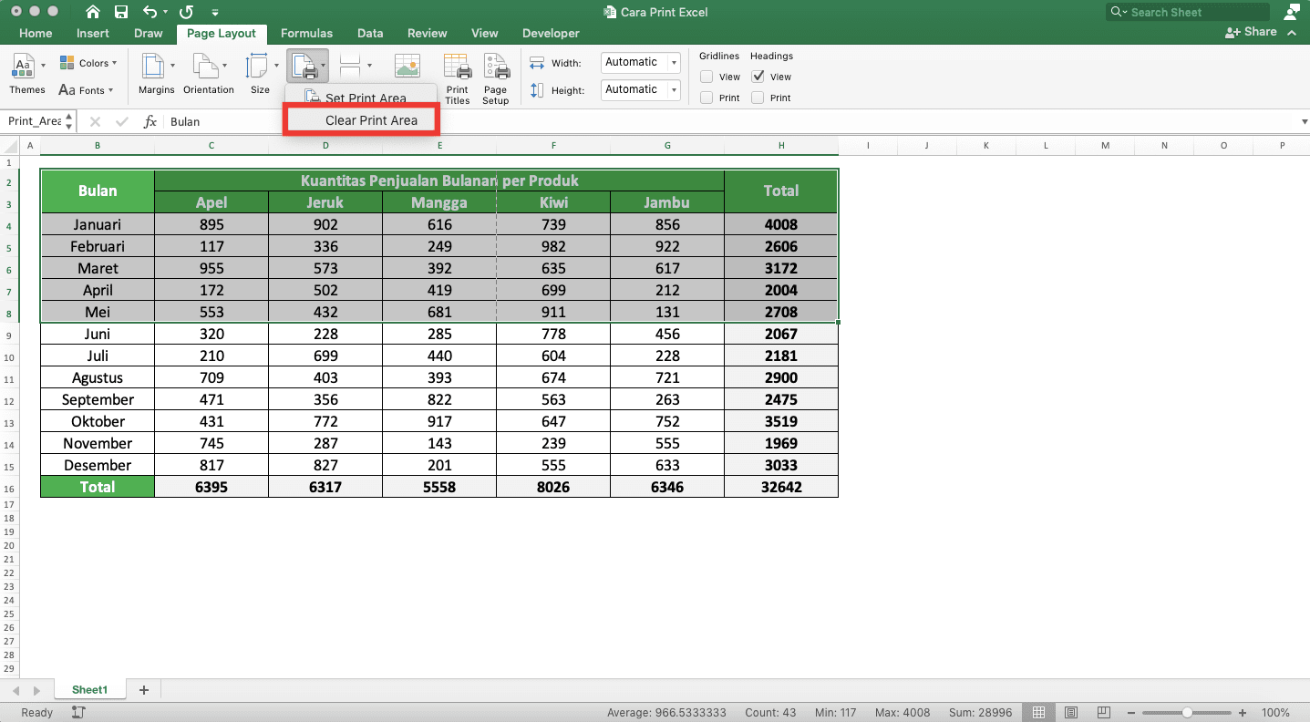 Cara Print Excel Agar Tidak Terpotong, Rapi, dan Full Kertas - Screenshot Lokasi Pilihan Clear Print Area