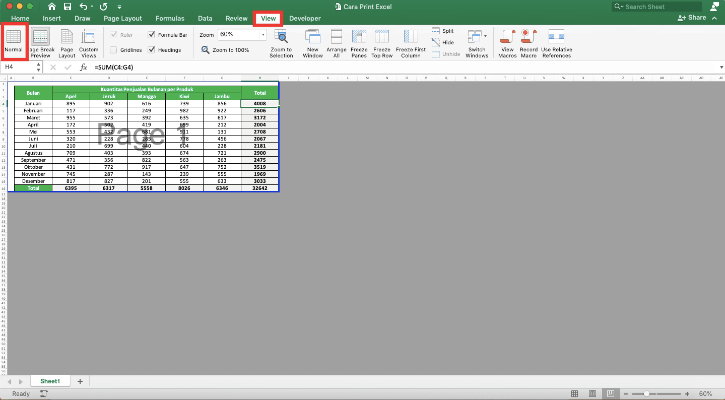 Cara Print Excel Agar Tidak Terpotong, Rapi, dan Full Kertas - Screenshot Lokasi Tab View dan Tombol Normal