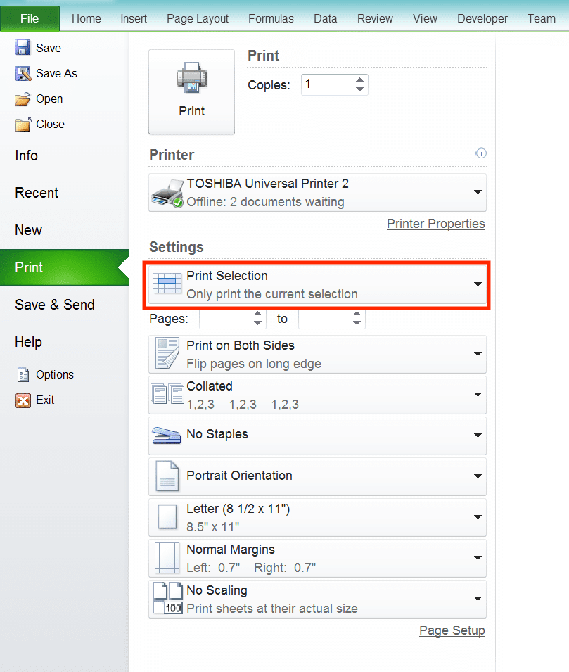 Cara Print Excel Agar Tidak Terpotong, Rapi, dan Full Kertas - Screenshot Contoh Pengaturan Print Selection