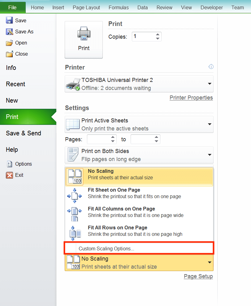 Cara Print Excel Agar Tidak Terpotong, Rapi, dan Full Kertas - Screenshot Pilihan Opsi Custom Scaling Options di Halaman Pengaturan Print