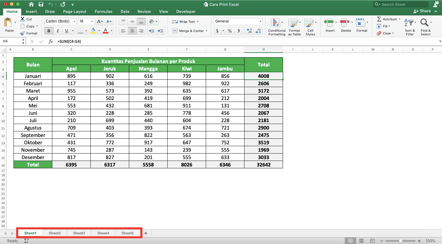 Cara Print Excel Agar Tidak Terpotong, Rapi, dan Full Kertas - Screenshot Lokasi Tab-Tab Worksheet