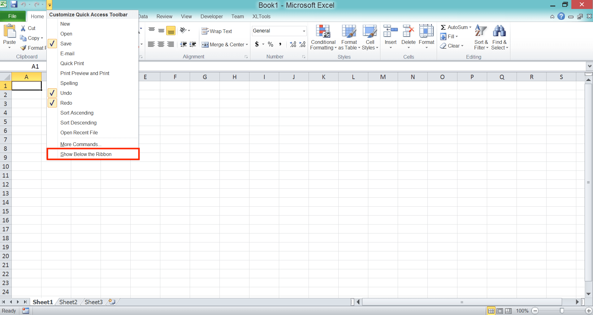 Quick Access Toolbar Adalah; Pengertian, Fungsi, dan Cara Menggunakannya di Excel - Screenshot Letak Pilihan Show Below the Ribbon di Menu Dropdown Quick Access Toolbar Excel