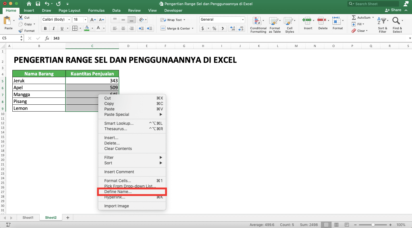 Pengertian Dari Range Adalah; Definisi, Fungsi, dan Penggunaannya di Excel - Screenshot Letak Pilihan Menu Defined Names Dari Klik Kanan Sel