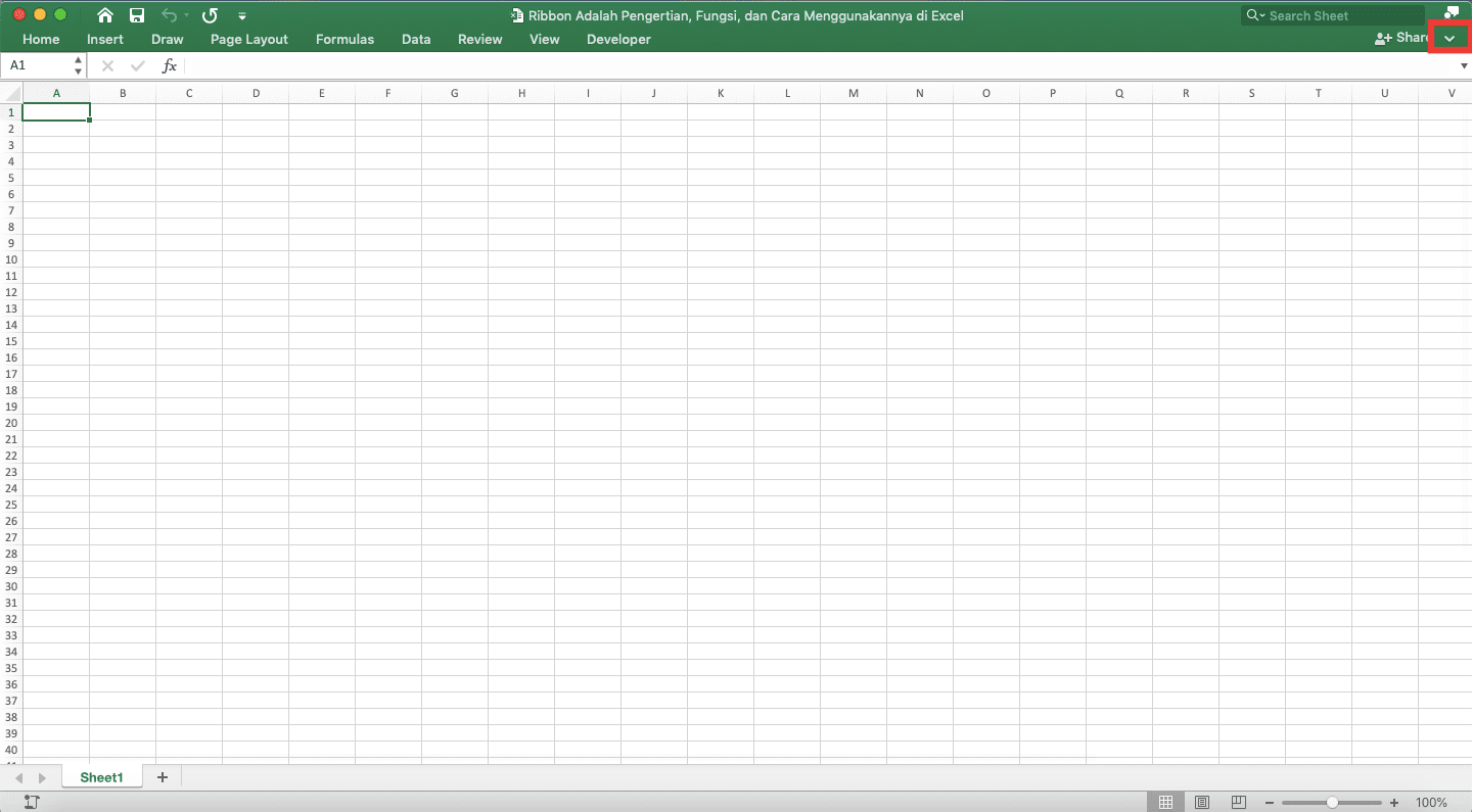 Ribbon Adalah; Pengertian, Fungsi, dan Cara Menggunakannya di Excel - Screenshot Lokasi Tombol Panah ke Bawah Untuk Memunculkan Ribbon di Excel