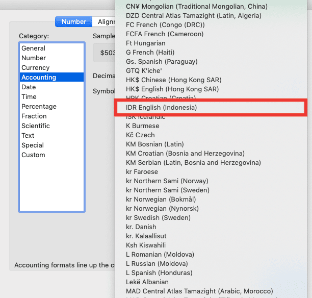 Cara Membuat/Menambahkan Simbol Rp (Rupiah) di Excel - Screenshot Lokasi Pilihan IDR di Dropdown Symbol