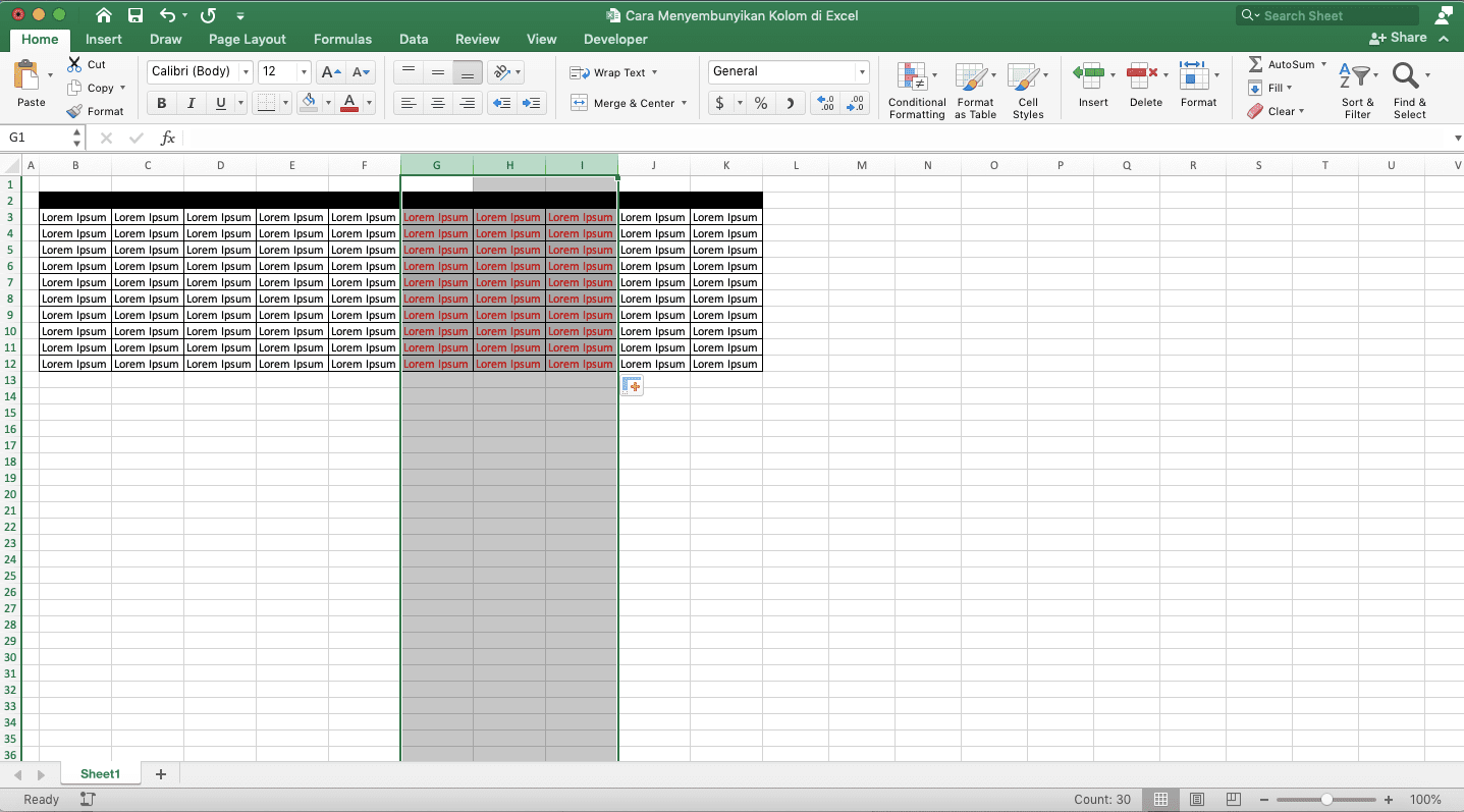 Cara Menyembunyikan Kolom di Excel - Screenshot Contoh Hasil Penyorotan Kolom-Kolom Berurutan