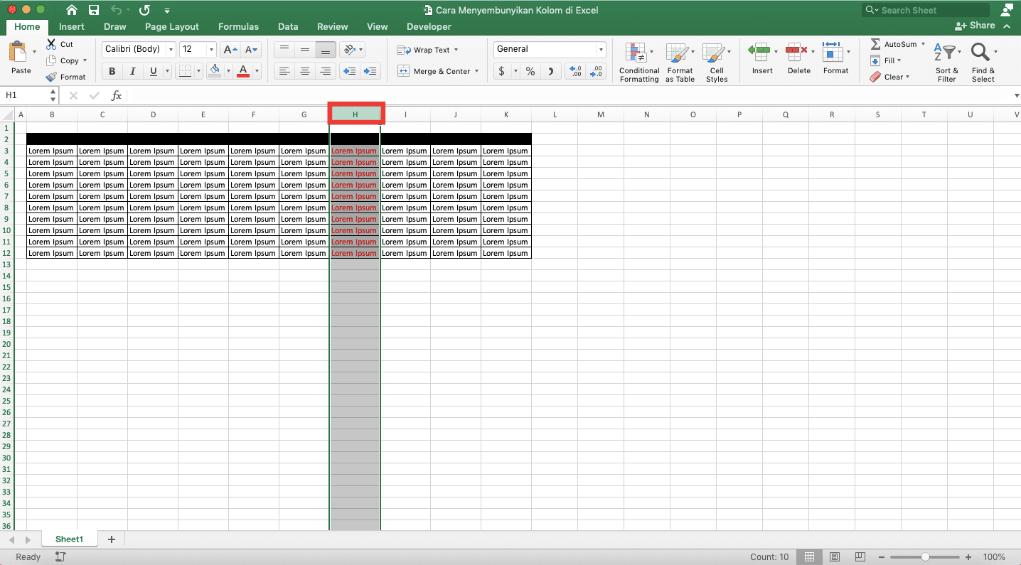 Cara Menyembunyikan Kolom di Excel - Screenshot Langkah 1 Cara Tombol Format