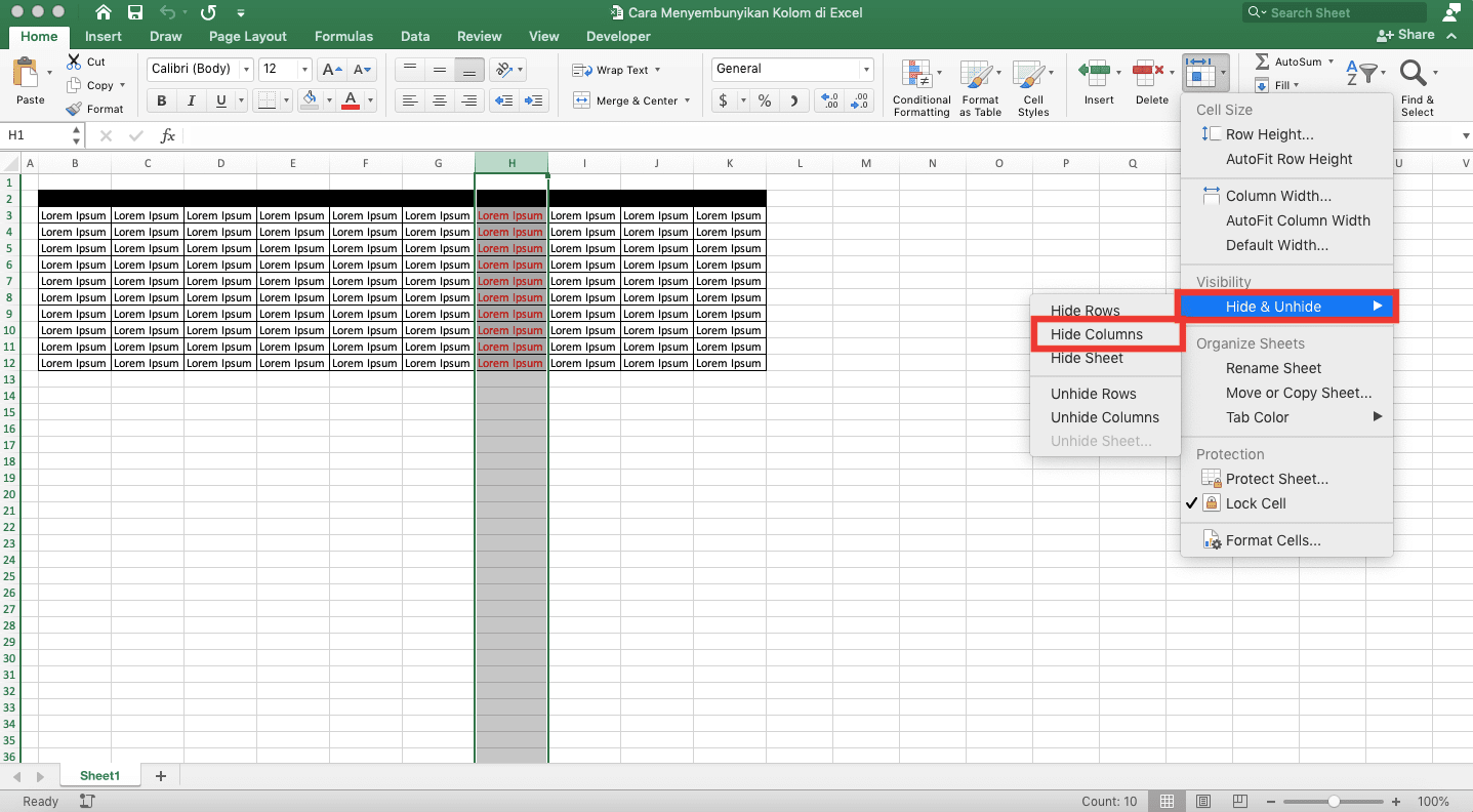 Cara Menyembunyikan Kolom di Excel - Screenshot Langkah 3 Cara Tombol Format