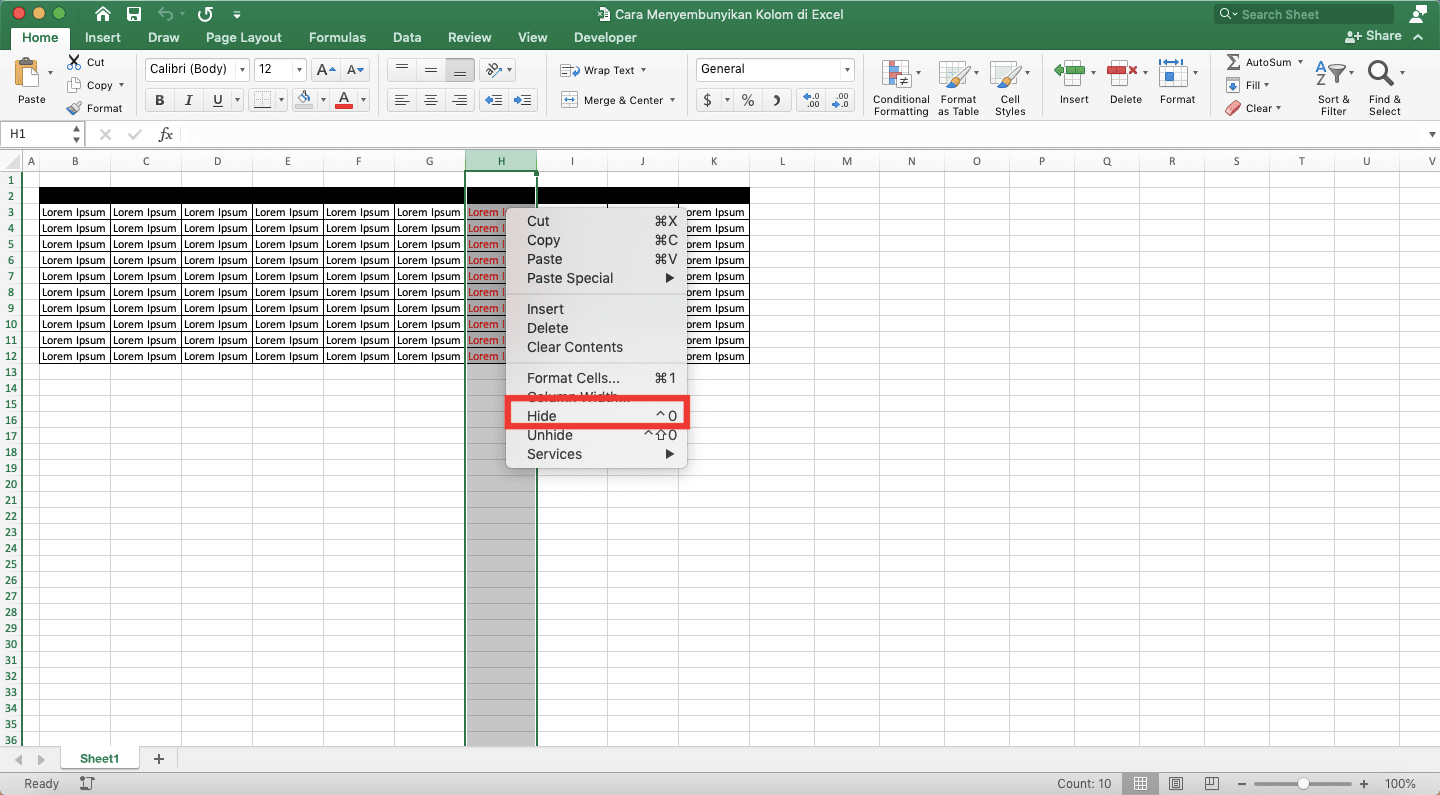 Cara Menyembunyikan Kolom di Excel - Screenshot Langkah 2 Cara Klik Kanan