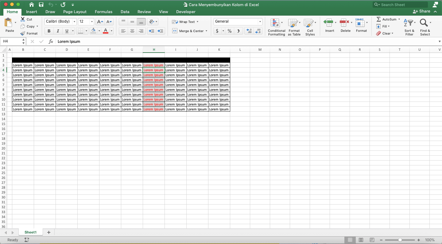 Cara Menyembunyikan Kolom di Excel - Screenshot Langkah 1 Cara Tombol Shortcut
