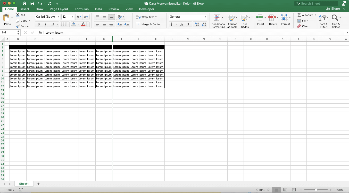 Cara Menyembunyikan Kolom di Excel - Screenshot Langkah 4 Cara Tombol Shortcut