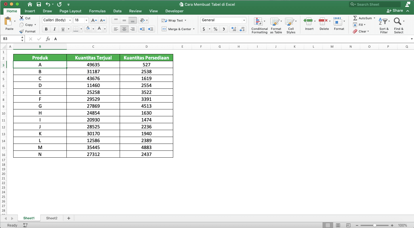 Cara Membuat Tabel di Excel - Screenshot Langkah 1