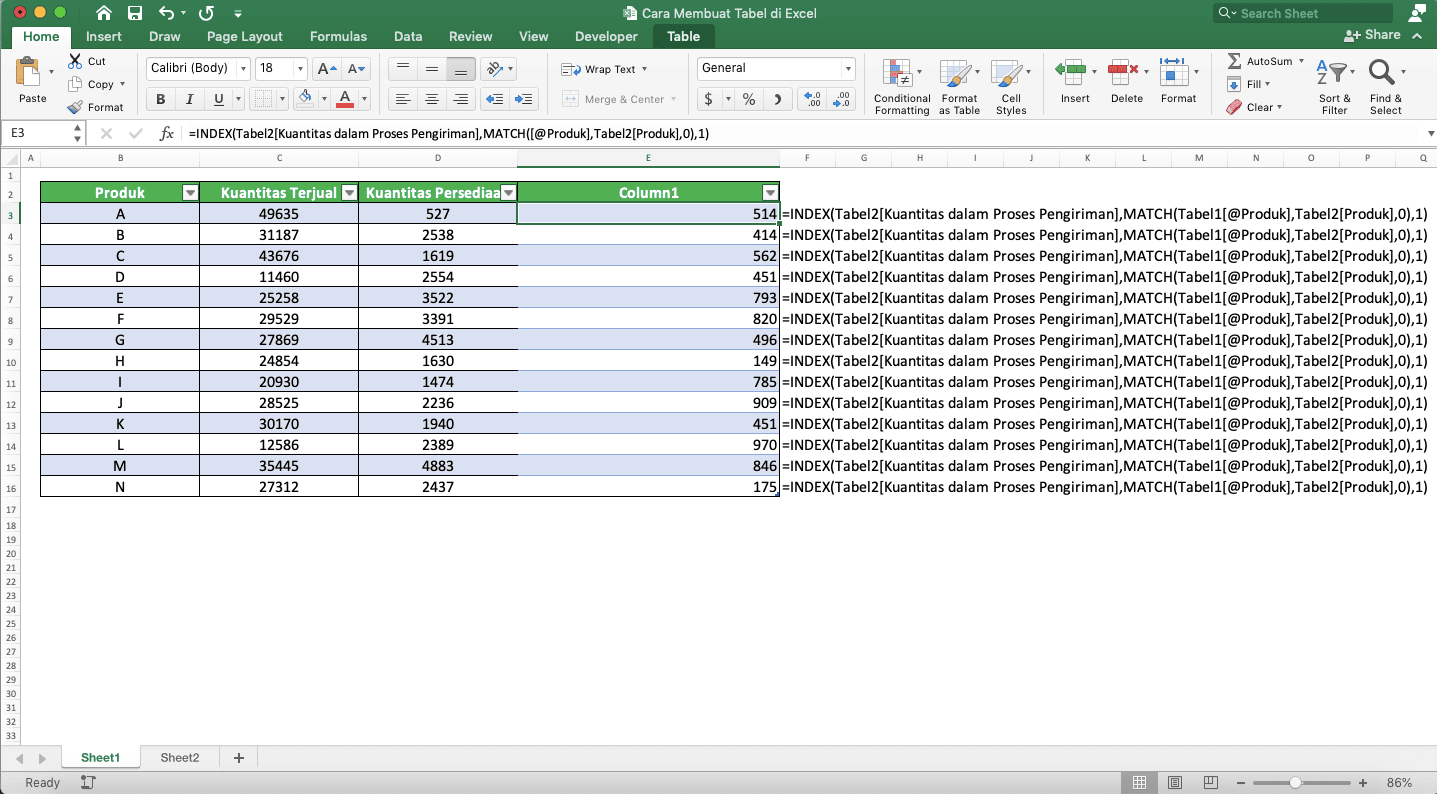 Cara Membuat Tabel di Excel - Screenshot Hasil Penggabungan Tabel Excel Menggunakan INDEX MATCH