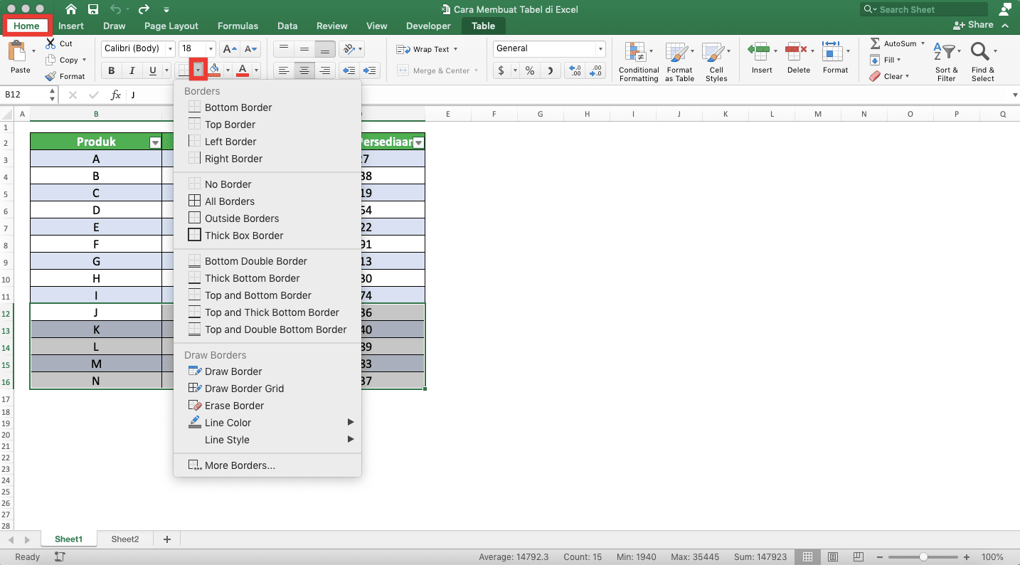 Cara Membuat Tabel di Excel - Screenshot Lokasi Tab Home dan Dropdown Tombol Border di Excel