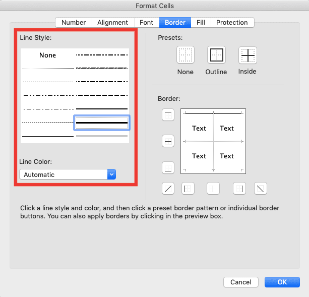 Cara Membuat Tabel di Excel - Screenshot Lokasi Bagian Kiri Dialog Box Format Cell Border di Excel