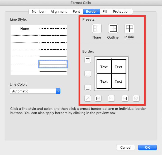 Cara Membuat Tabel di Excel - Screenshot Lokasi Bagian Kanan Dialog Box Format Cell Border di Excel