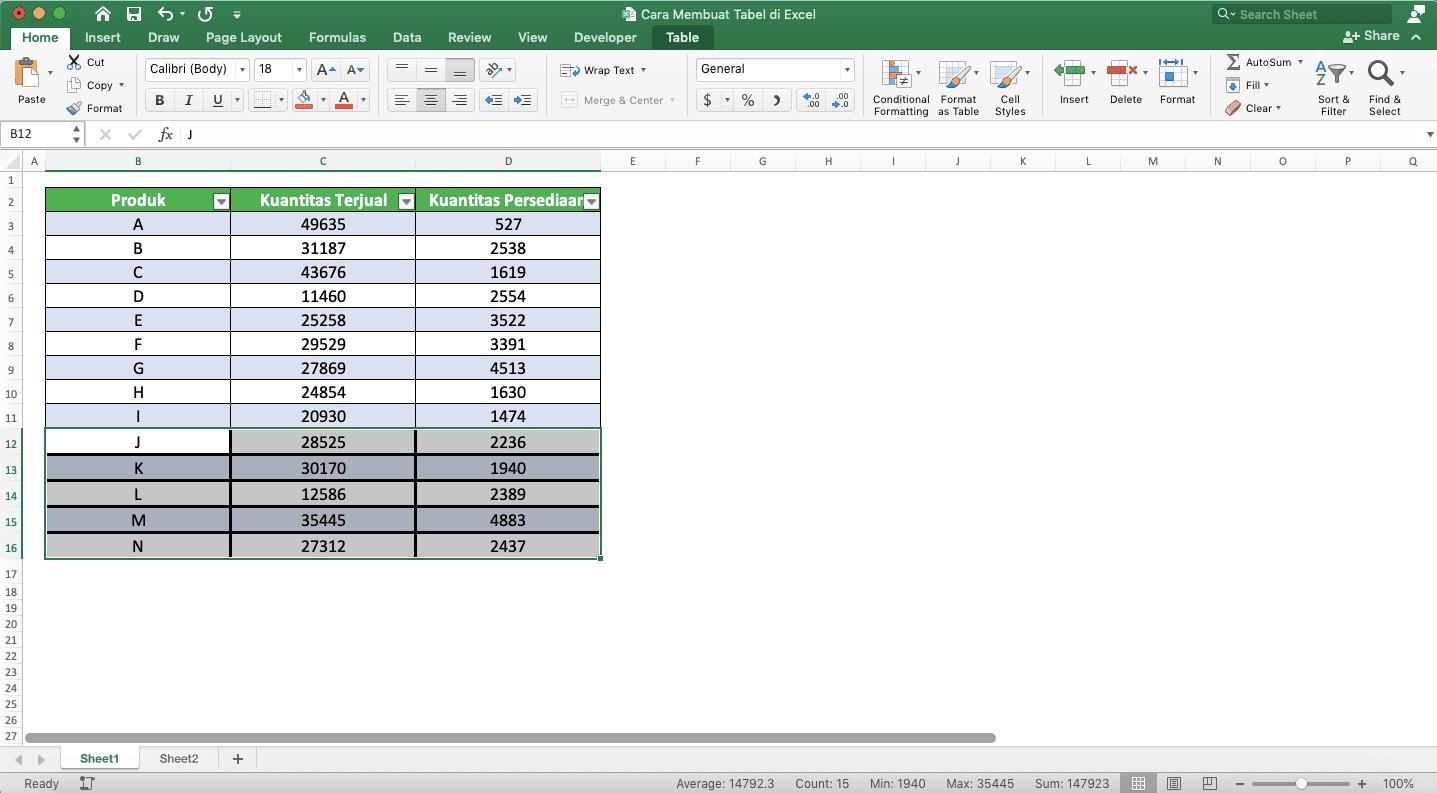 Cara Membuat Tabel di Excel - Screenshot Contoh Hasil Membuat dan Menebalkan Garis Border Tabel Excel
