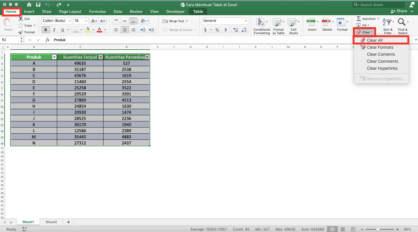 Cara Membuat Tabel di Excel - Screenshot Lokasi Tab Home, Tombol Dropdown Clear, dan Pilihan Clear Allnya di Excel