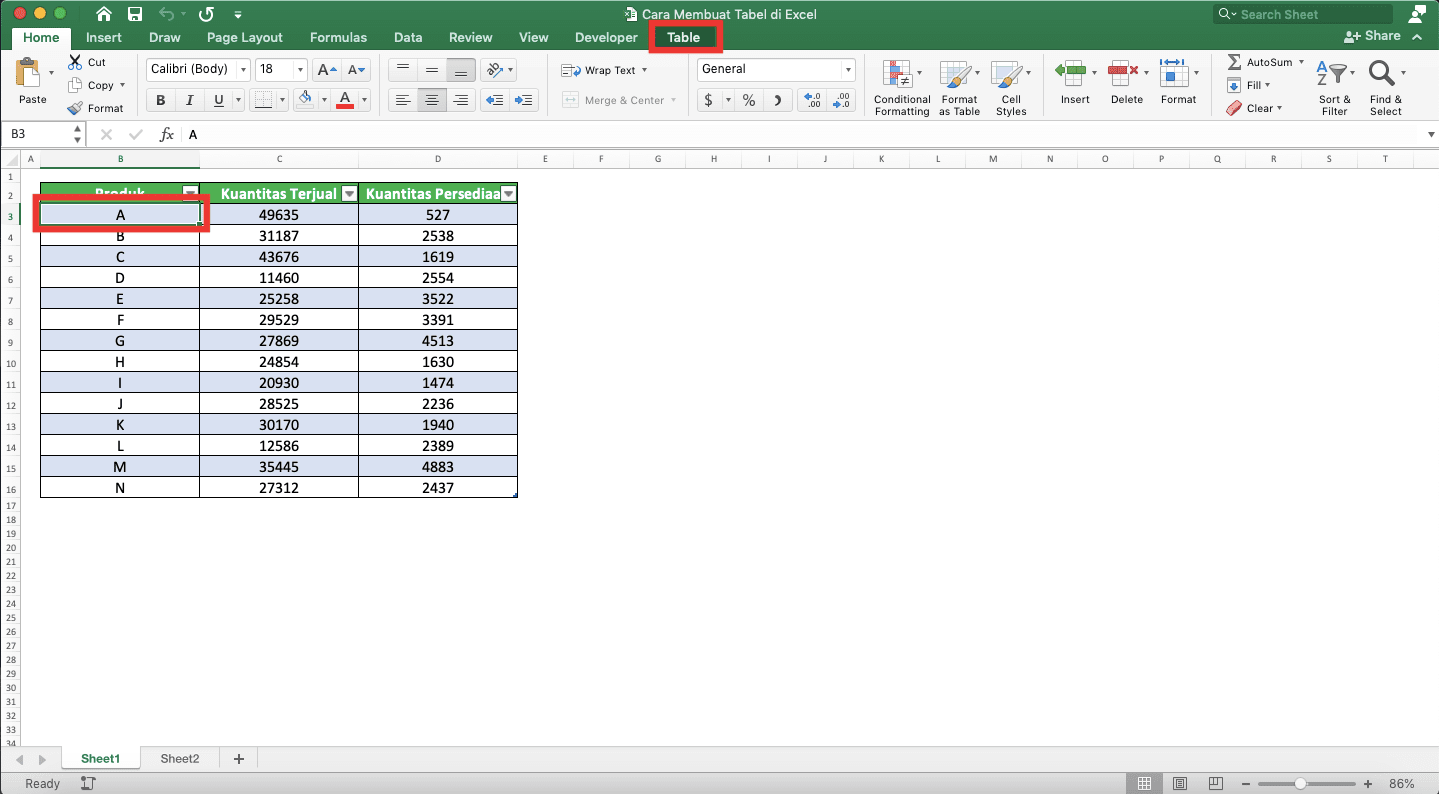 Cara Membuat Tabel di Excel - Screenshot Contoh Lokasi Kursor Cell di Tabel Excel dan Tab Table