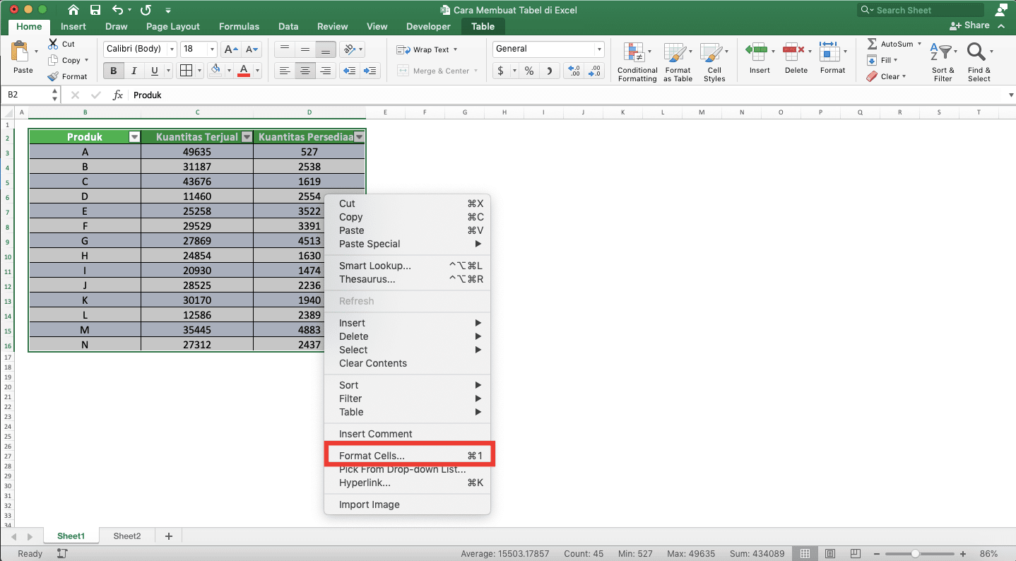 Cara Membuat Tabel di Excel - Screenshot Pilihan Format Cells... Setelah Klik Kanan di Atas Tabel Excel