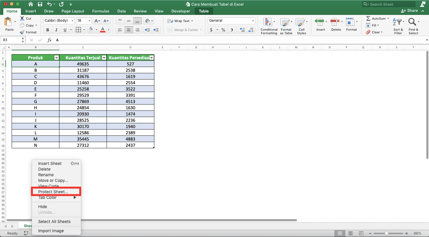 Cara Membuat Tabel di Excel - Screenshot Pilihan Protect Sheet... Setelah Klik Kanan di Atas Tab Sheet Excel