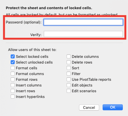 Cara Membuat Tabel di Excel - Screenshot Lokasi Boks Teks untuk Memasukkan Password di Dialog Box Protect Sheet Excel