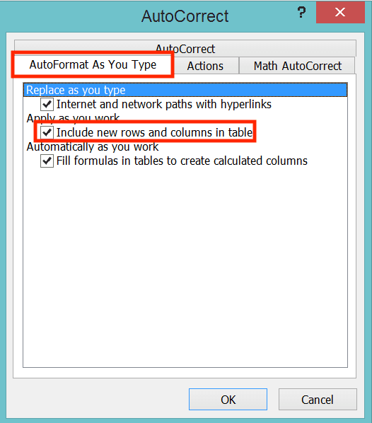 Cara Membuat Tabel di Excel - Screenshot Lokasi Tab AutoFormat as You Type dan Boks Centang Include new rows and columns in table