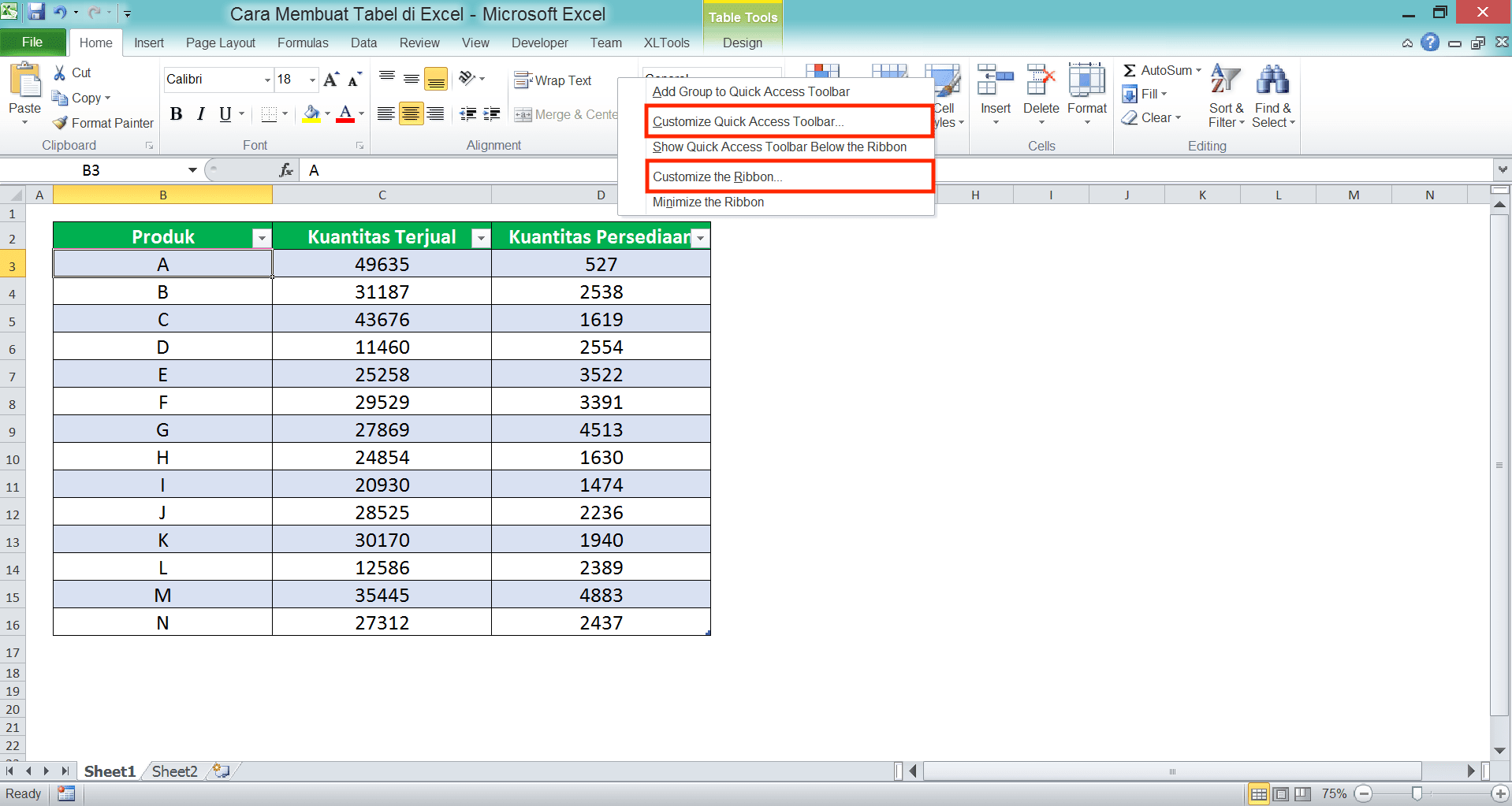 Cara Membuat Tabel di Excel - Screenshot Lokasi Pilihan Customize Quick Access Toolbar…/Customize the Ribbon… di Excel