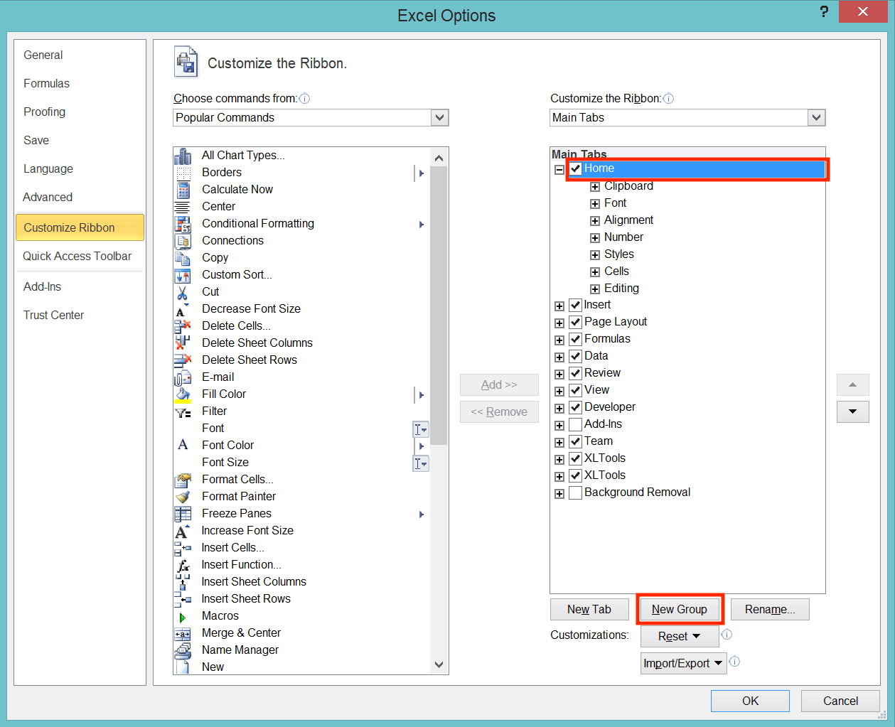 Cara Membuat Tabel di Excel - Screenshot Lokasi Tombol New Group di Dialog Box Customize Ribbon di Excel