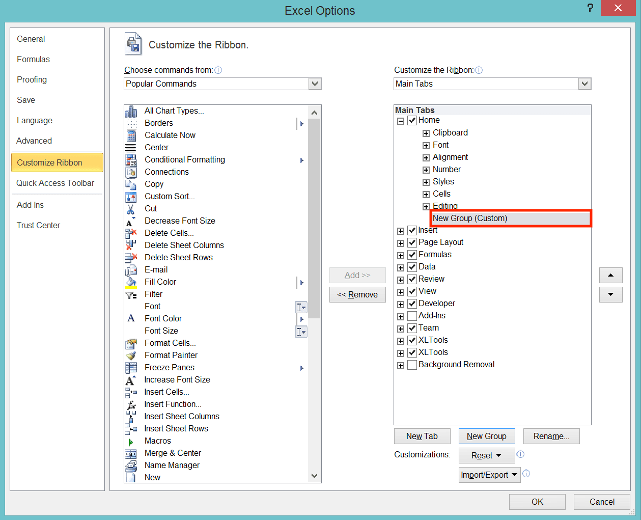 Cara Membuat Tabel di Excel - Screenshot Hasil Klik Tombol New Group di Dialog Box Customize Ribbon