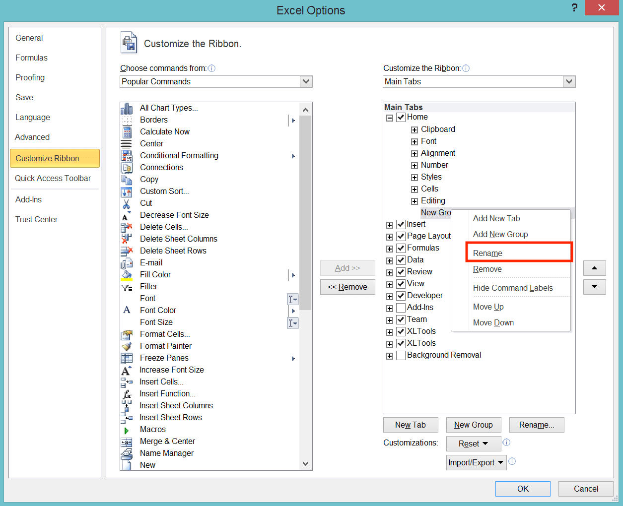 Cara Membuat Tabel di Excel - Screenshot Lokasi Pilihan Rename dari Grup Tab di Dialog Box Customize Ribbon