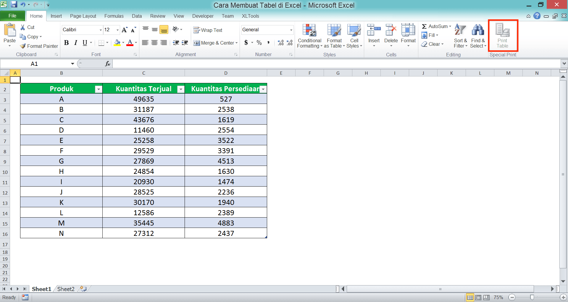 Cara Membuat Tabel di Excel - Screenshot Contoh Lokasi Tombol Print List setelah Ditambahkan di Excel