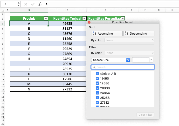 Cara Membuat Tabel di Excel - Screenshot Contoh Proses Pengurutan dan Penyeleksian Data di Tabel Excel