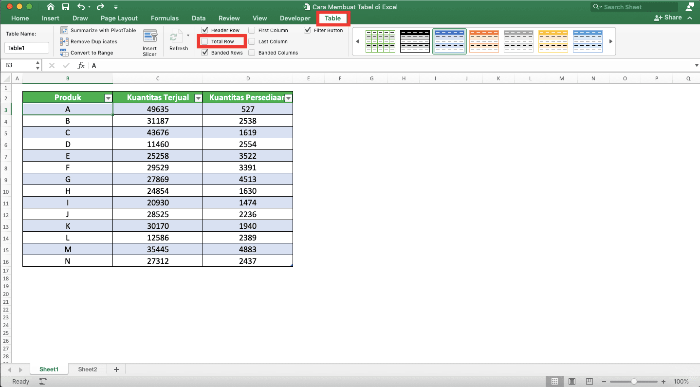 Cara Membuat Tabel di Excel - Screenshot Lokasi Tab Table dan Boks Centang Total Row di Excel