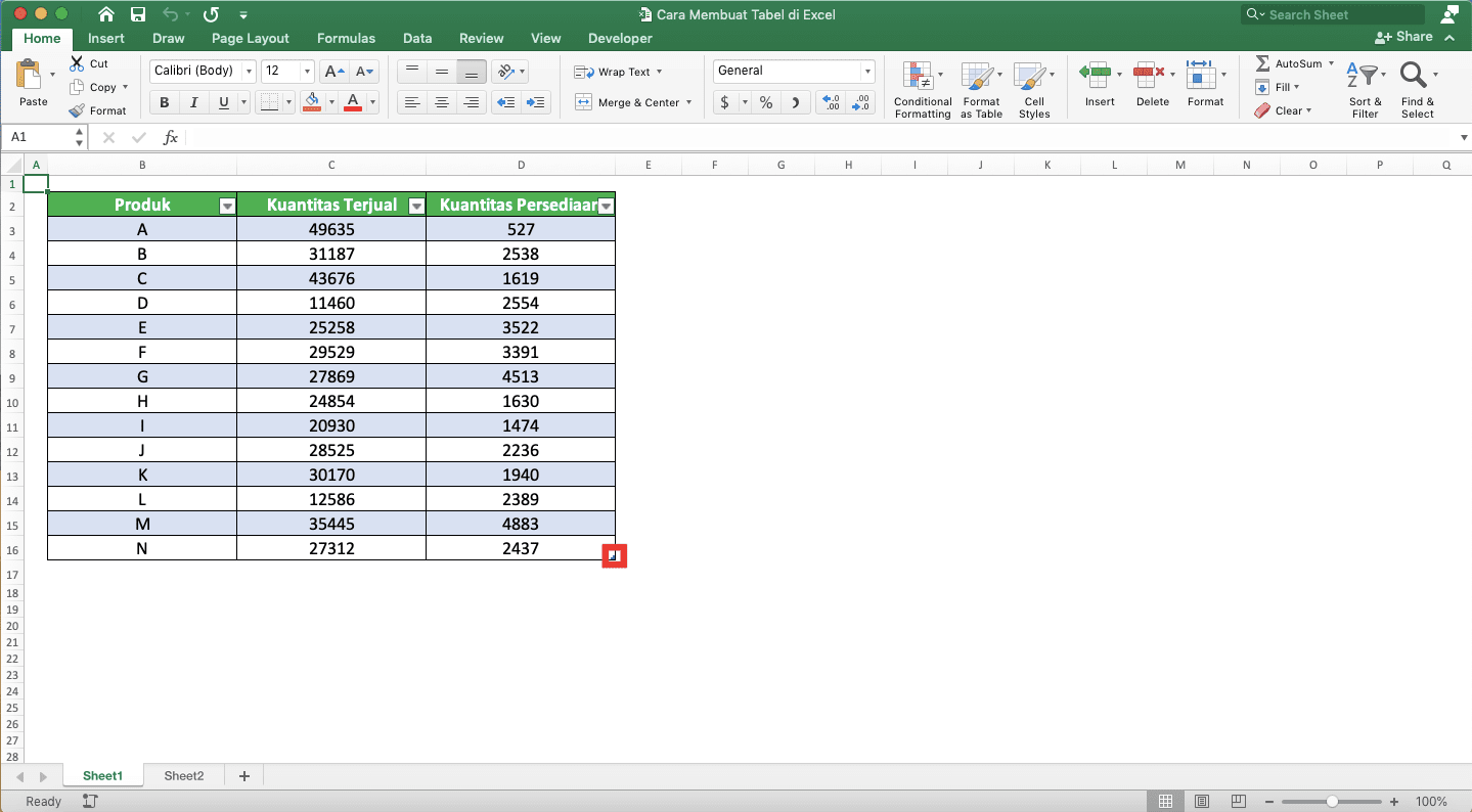 Cara Membuat Tabel di Excel - Screenshot Lokasi Tanda Kecil di Sebelah Kanan Bawah Tabel Excel