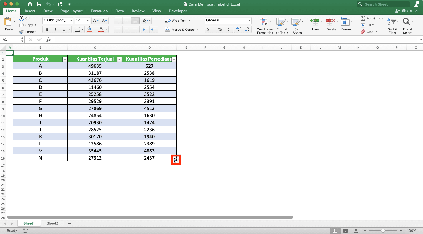 Cara Membuat Tabel di Excel - Screenshot Contoh Pointer untuk Memperkecil/Memperbesar Ukuran Tabel Excel