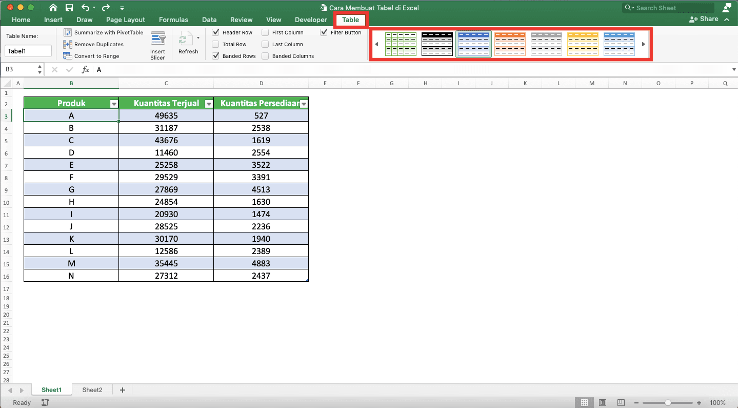 Cara Membuat Tabel di Excel - Screenshot Lokasi Tab Table dan Scroll Bar Table Styles di Excel