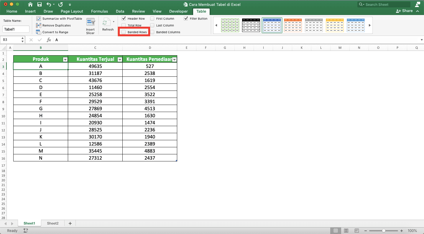 Cara Membuat Tabel di Excel - Screenshot Lokasi Boks Centang Banded Rows di Excel