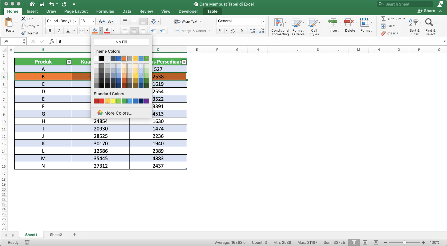 Cara Membuat Tabel di Excel - Screenshot Contoh Penggunaan Fill untuk Mewarnai Tabel Excel