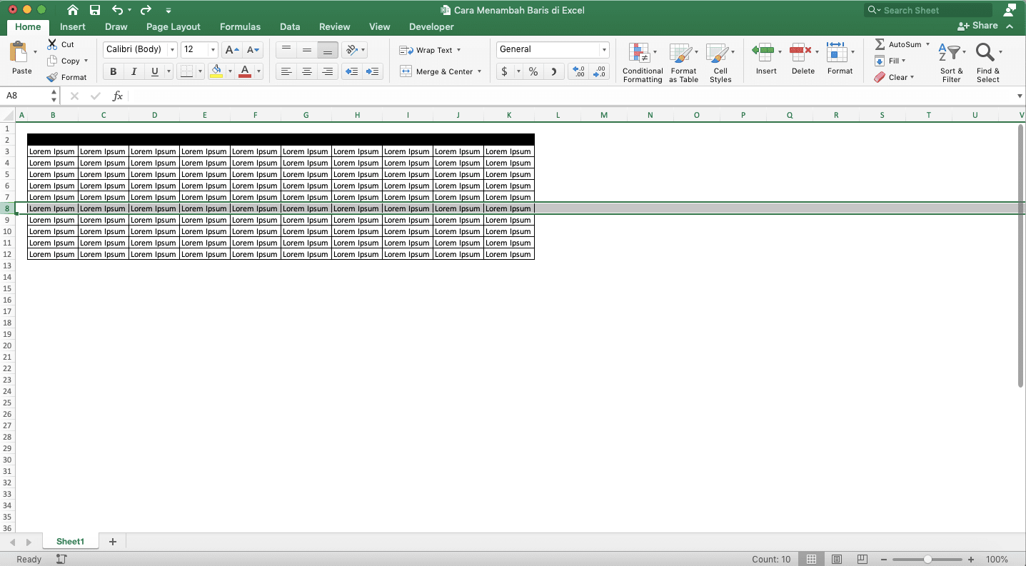 Cara Menambah Baris di Excel - Screenshot Cara Menambah Satu Baris, Langkah 2