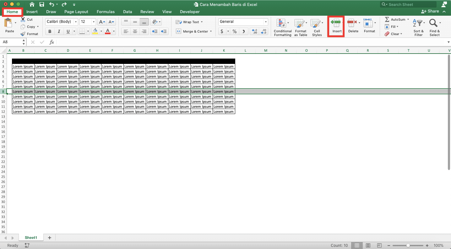 Cara Menambah Baris di Excel - Screenshot Cara Menambah Satu Baris, Langkah 3